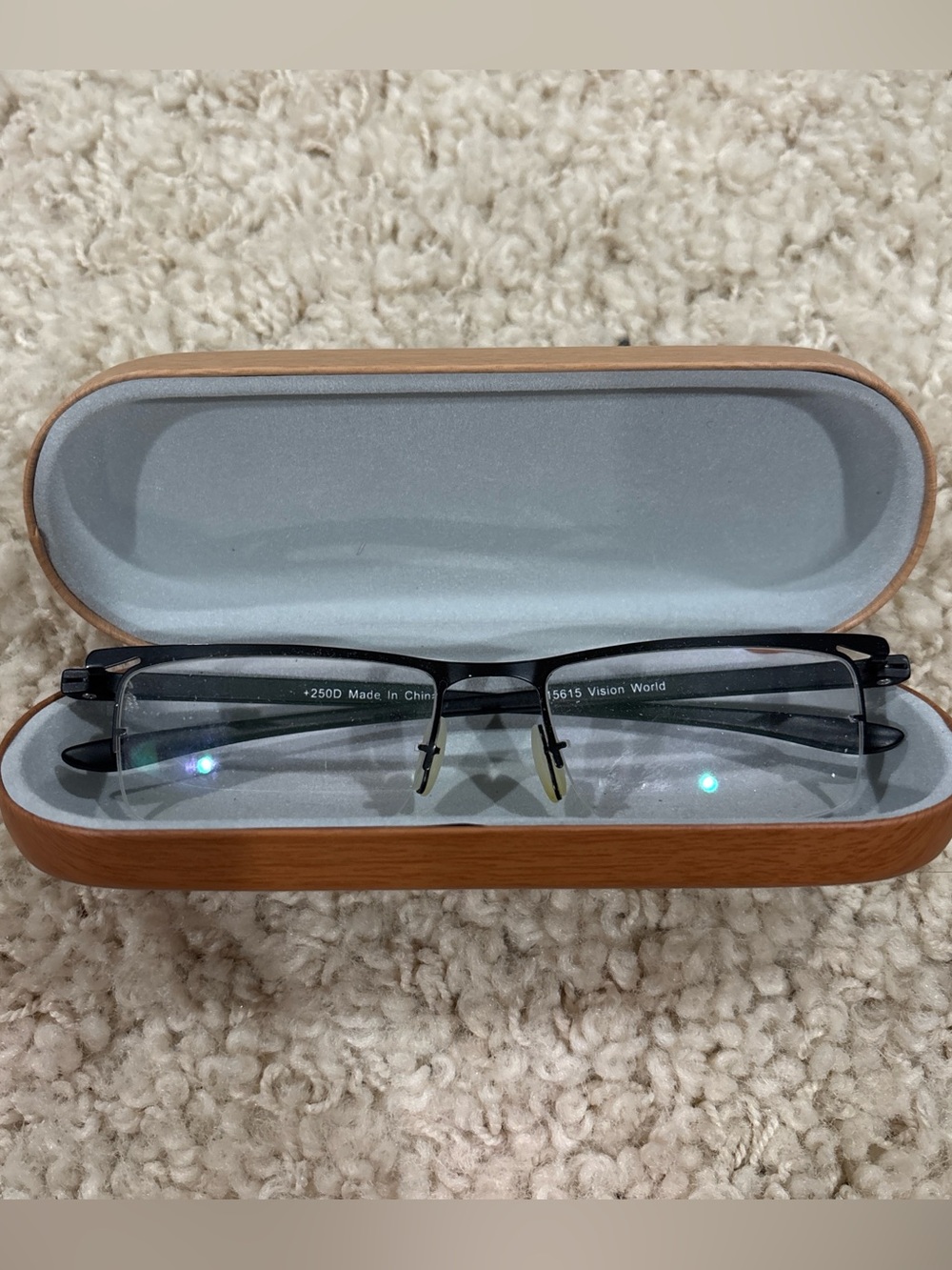 Vision World R15615 Black Half-Rim Reading Glasses +250D w/ Wooden Hard Case